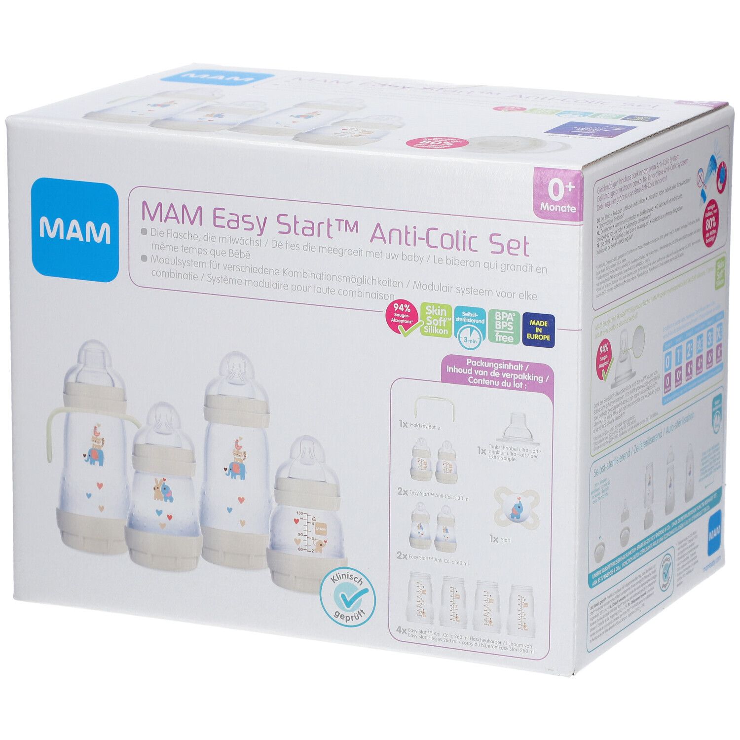 Boîte du set anti-colique MAM Easy Start™. Contient biberons, tétines et accessoires. Informations imprimées.