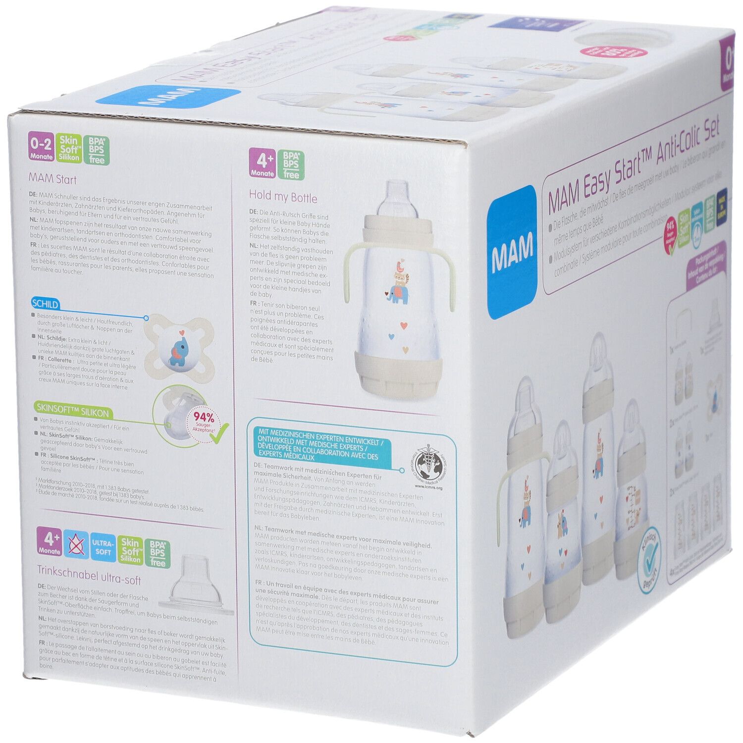Dos de la boîte du set anti-colique MAM Easy Start™. Illustrations de biberons et accessoires. Informations produit.