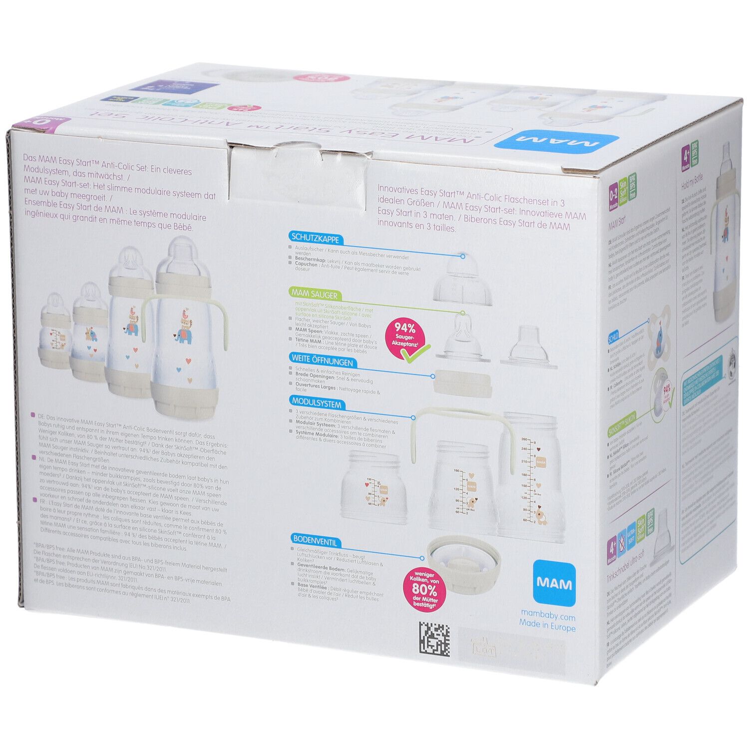 Côté de la boîte du set anti-colique MAM Easy Start™. Illustrations de biberons et accessoires. Informations produit.