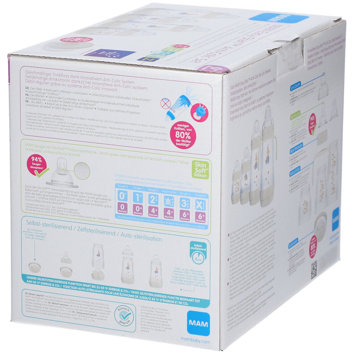 Côté de la boîte du set anti-colique MAM Easy Start™. Illustrations de biberons et accessoires. Informations produit.