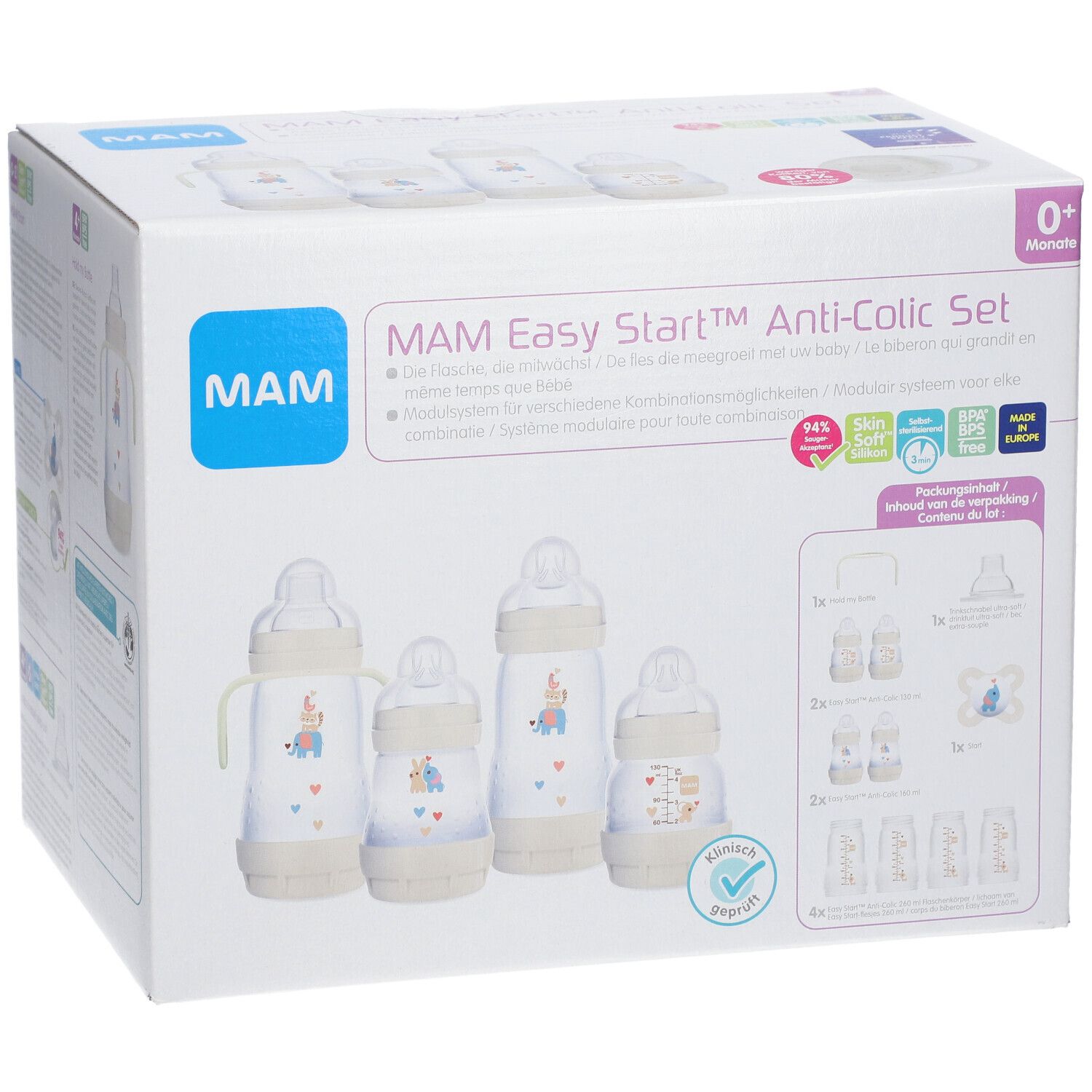 Boîte du set anti-colique MAM Easy Start™. Contient biberons, tétines et accessoires. Informations imprimées.