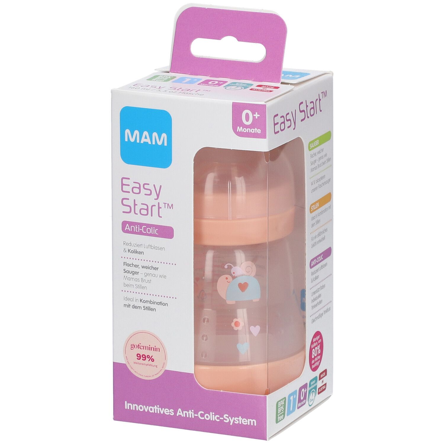 MAM Easy Start™ Anti-koliek fles in verpakking. Fles met roze elementen, blauw motief en maatschaal. Productinformatie op de verpakking.