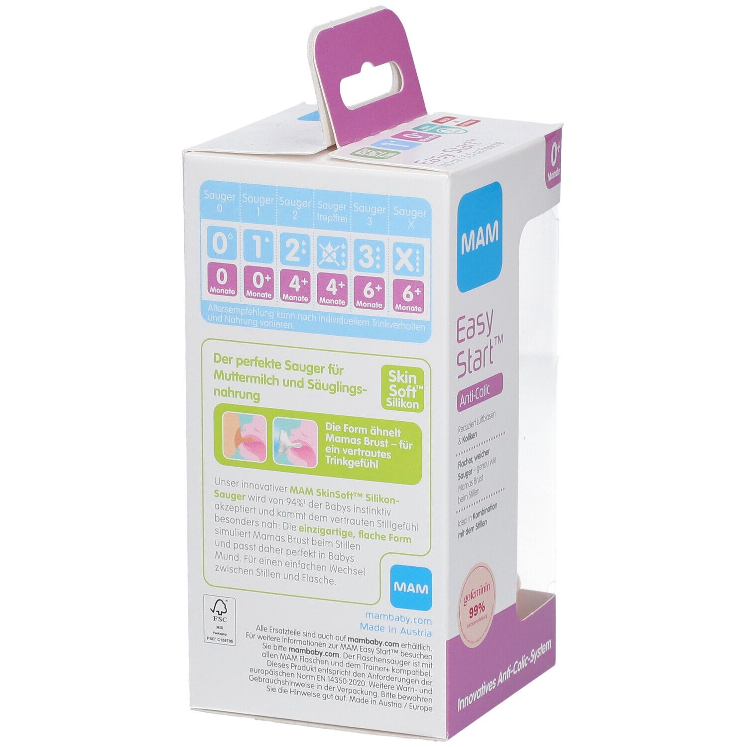 Achterkant van de MAM Easy Start™ Anti-koliek flesverpakking. Productinformatie, afbeeldingen en een tabel met spenen voor verschillende leeftijden.