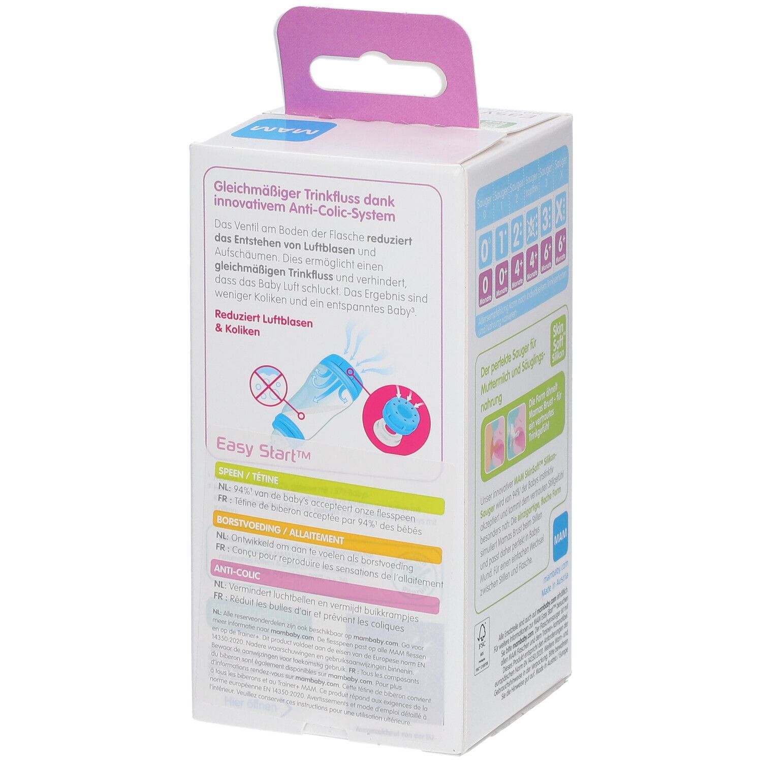 Zijkant van de MAM Easy Start™ Anti-koliek flesverpakking. Grafische weergave van het anti-koliek systeem. Tekst in het Duits, Frans en Nederlands.