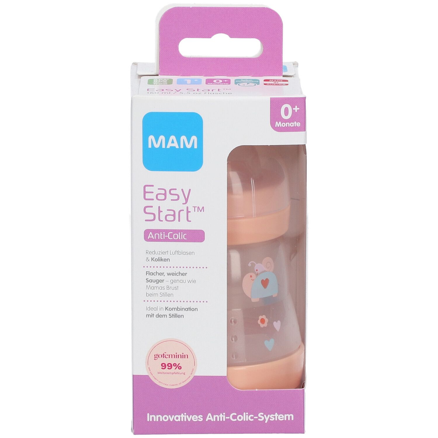 MAM Easy Start™ Anti-koliek fles in verpakking. Fles met roze elementen, blauw motief en maatschaal. Productinformatie op de verpakking.