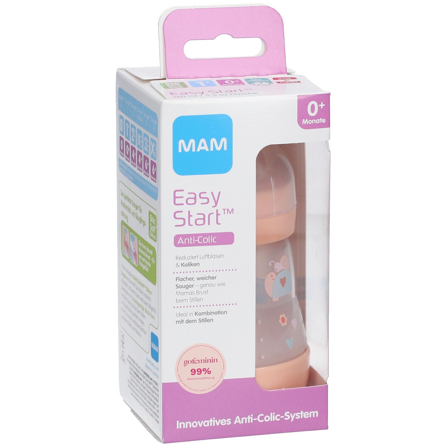 MAM Easy Start™ Anti-koliek fles in verpakking. Fles met roze elementen, blauw motief en maatschaal. Productinformatie op de verpakking.