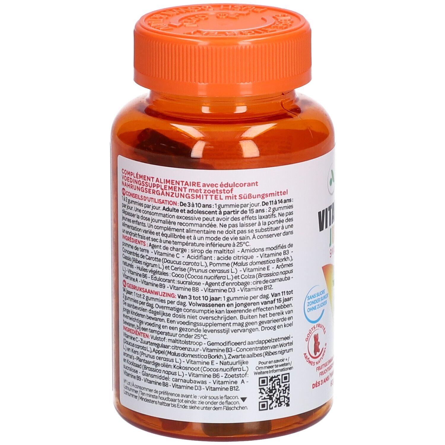 Rückseite der braunen Plastikflasche mit orangefarbenem Deckel. Textinformationen auf dem Etikett.