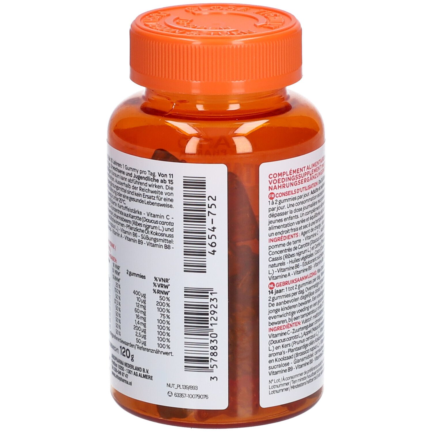Rückansicht der braunen Plastikflasche mit orangefarbenem Deckel. Etikett mit Text und Nährwertangaben.