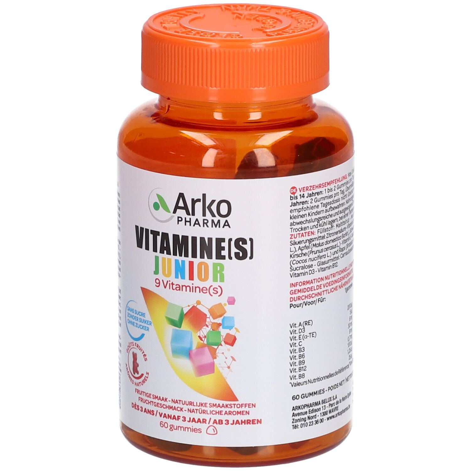Braune Plastikflasche mit orangefarbenem Deckel. Etikett mit Produktnamen und bunten Gummibärchen-Illustrationen.
