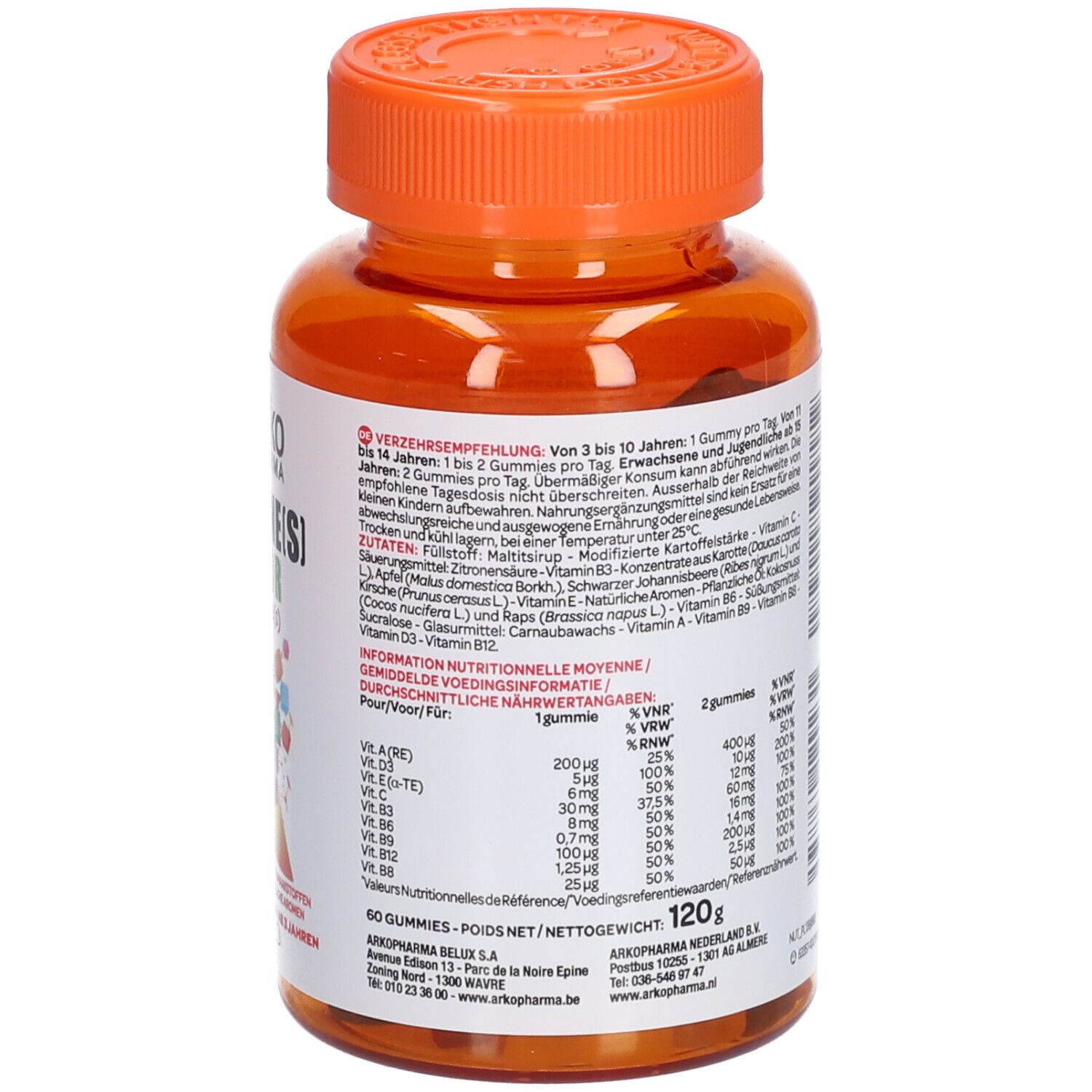 Rückseite der braunen Plastikflasche mit orangefarbenem Deckel. Etikett mit Text und Nährwertangaben.