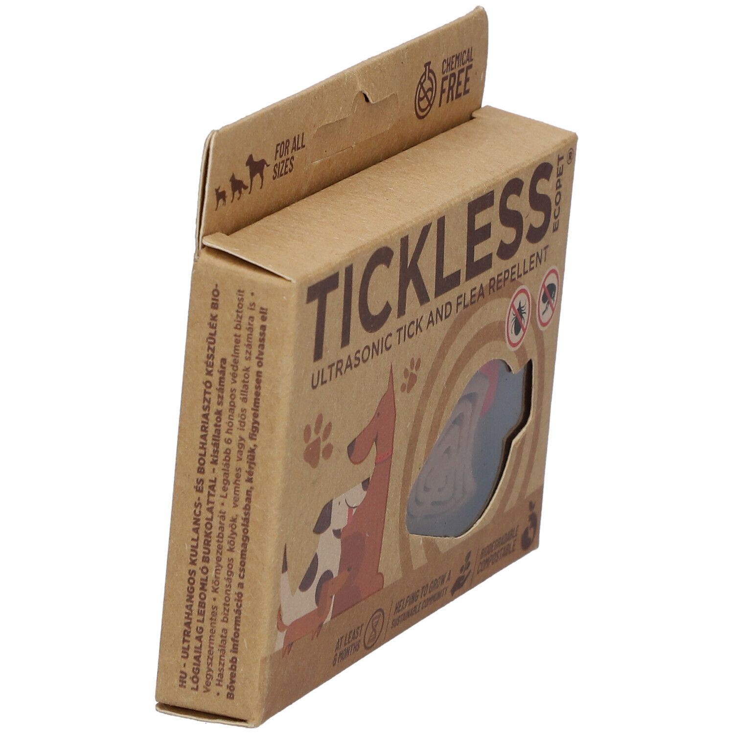 TICKLESS ECOPet Verpackung. Braune Kartonverpackung mit Produktabbildung und Text. Produkt durch Fenster sichtbar.