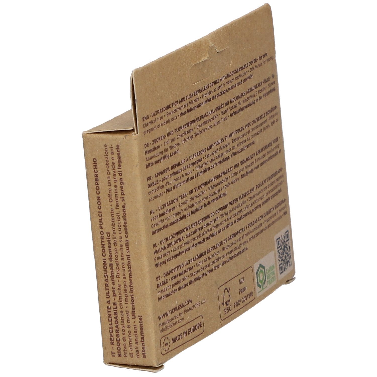 Rückseite der TICKLESS ECOPet Verpackung. Text in mehreren Sprachen. FSC-Logo und andere Zertifizierungen.