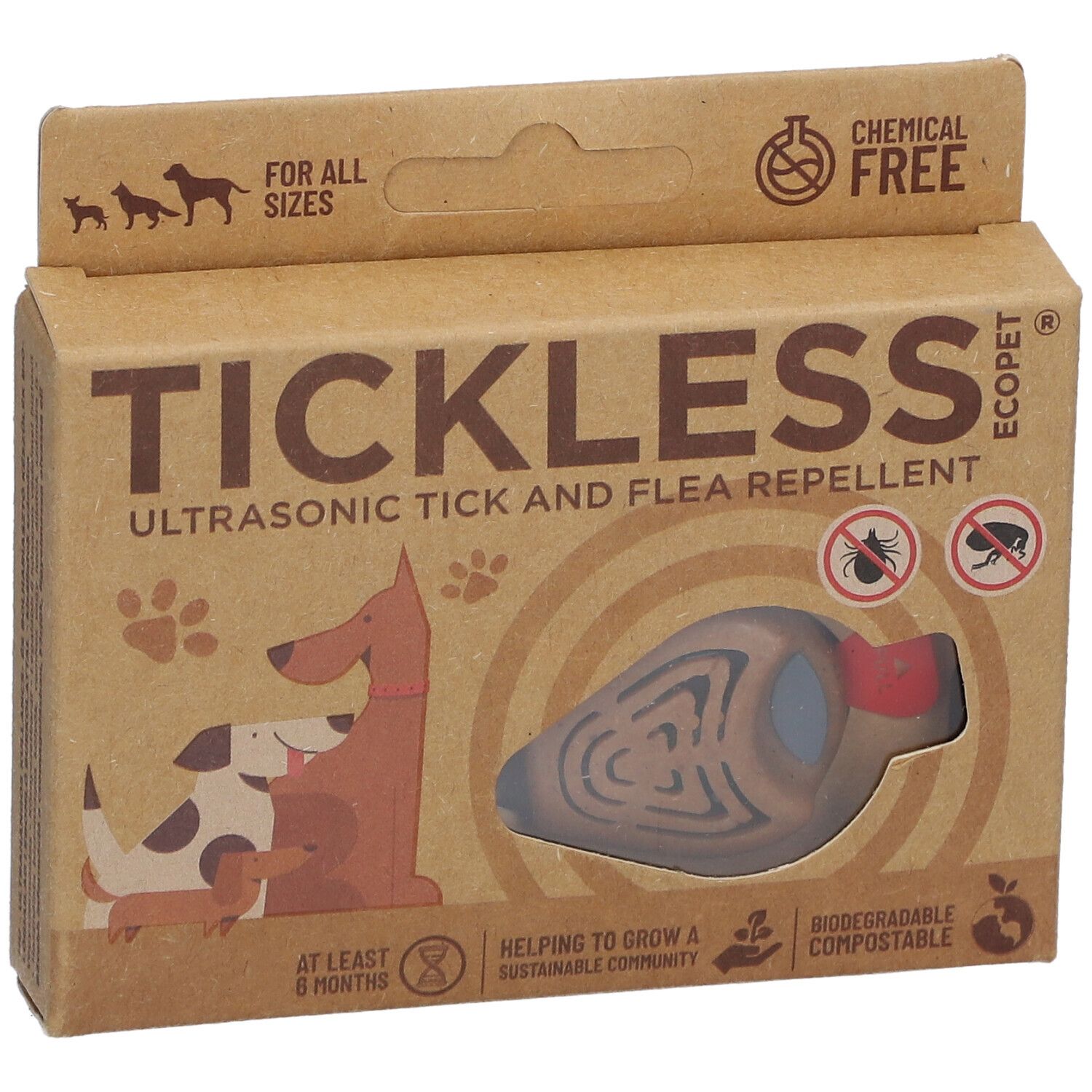 TICKLESS ECOPet Verpackung. Braune Kartonverpackung mit Produktabbildung und Text. Produkt durch Fenster sichtbar.