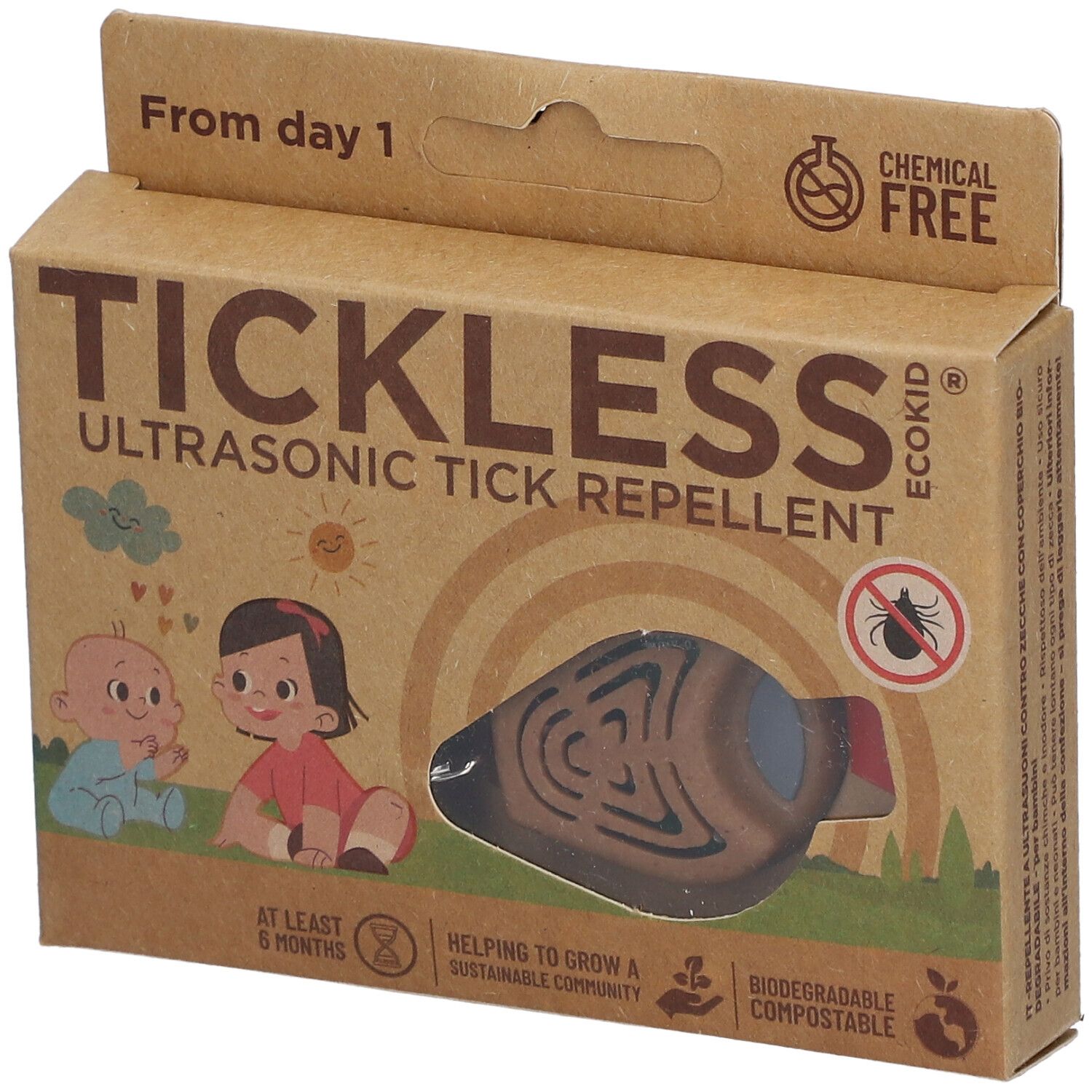 Kartonverpackung mit dem Produkt Tickless Ecokid. Aufdrucke: Tickless, Ultraschall-Zeckenabwehr, Illustrationen von Babys.