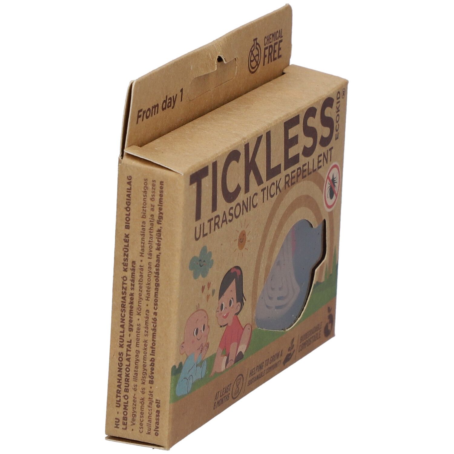 Kartonverpackung Tickless Ecokid, schräg. Aufdrucke: Tickless, Ultraschall-Zeckenabwehr. Illustrationen von Babys. Text in mehreren Sprachen.