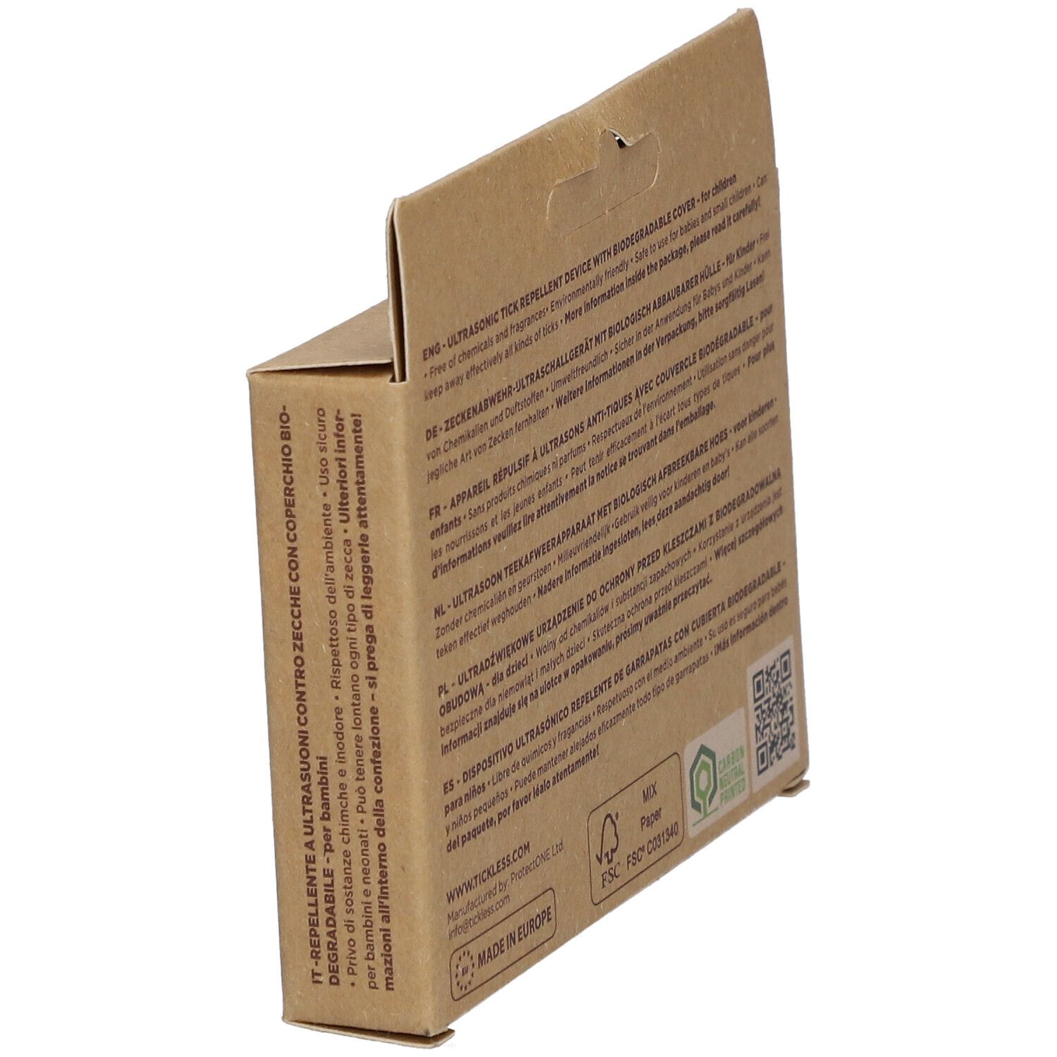 Kartonverpackung Tickless Ecokid, schräg. Rückseite mit Text in mehreren Sprachen. Logos: FSC, Carbon Neutral, Made in Europe.