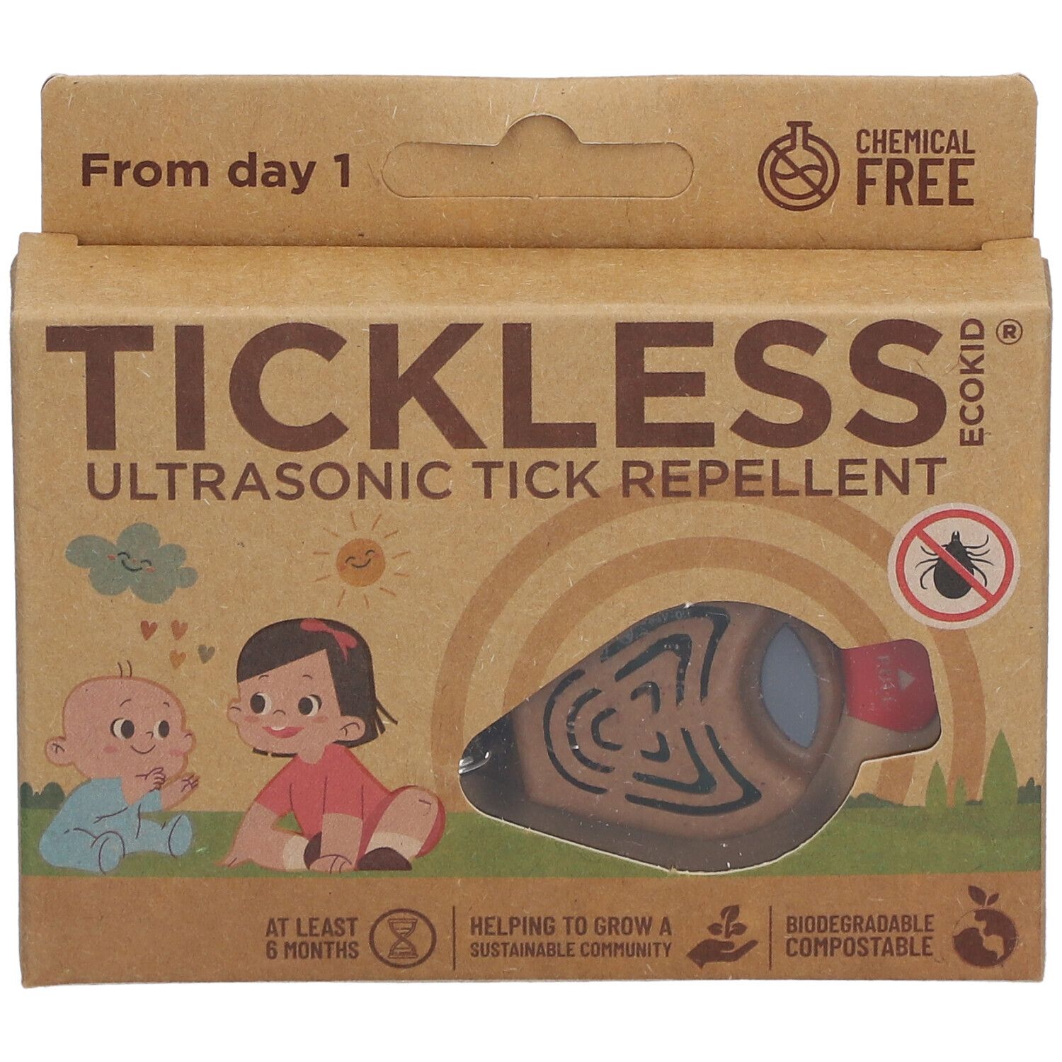 Kartonverpackung Tickless Ecokid. Aufdrucke: Tickless, Ultraschall-Zeckenabwehr. Illustrationen von Babys. Produkt abgebildet.