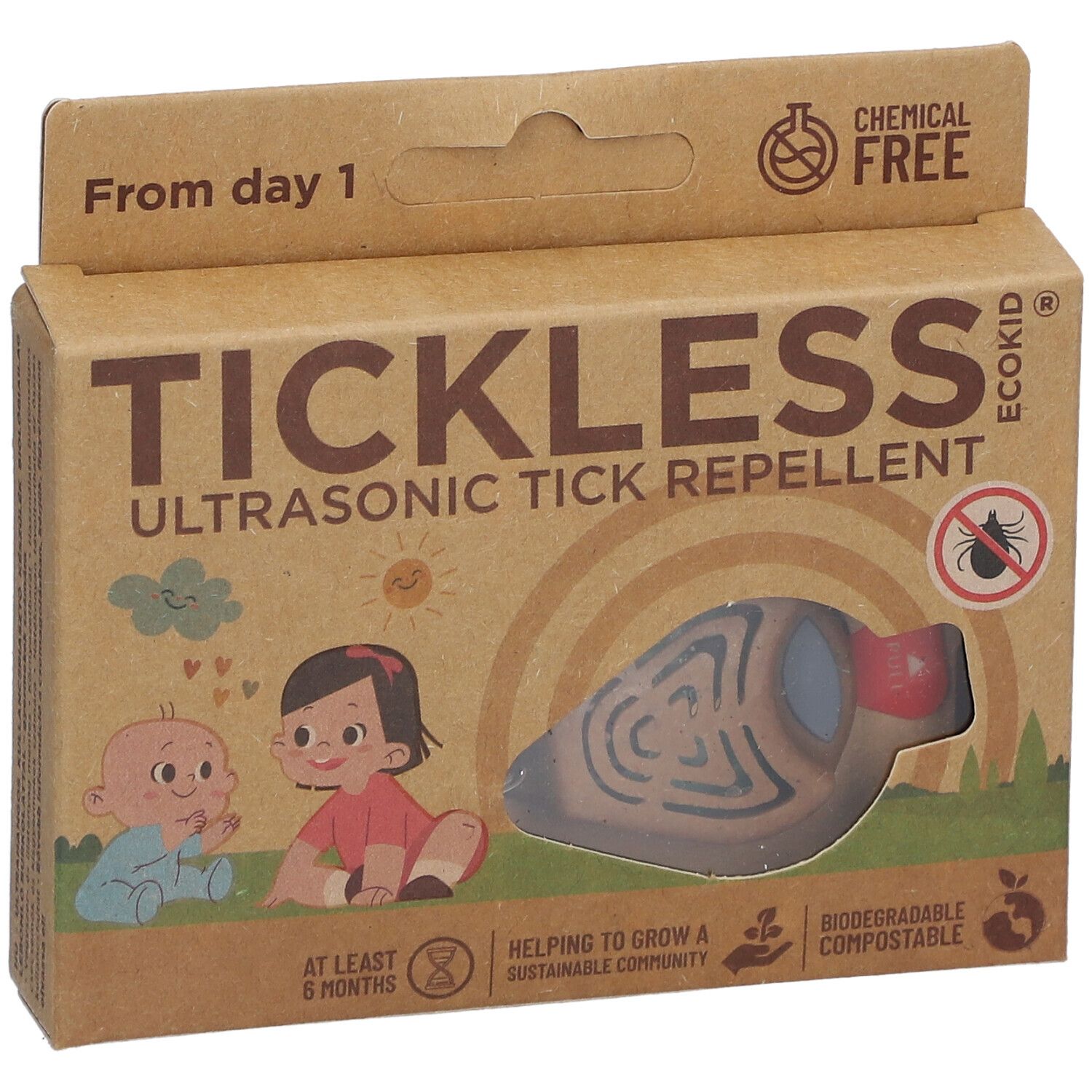 Kartonverpackung Tickless Ecokid. Aufdrucke: Tickless, Ultraschall-Zeckenabwehr. Illustrationen von Babys. Produkt abgebildet.