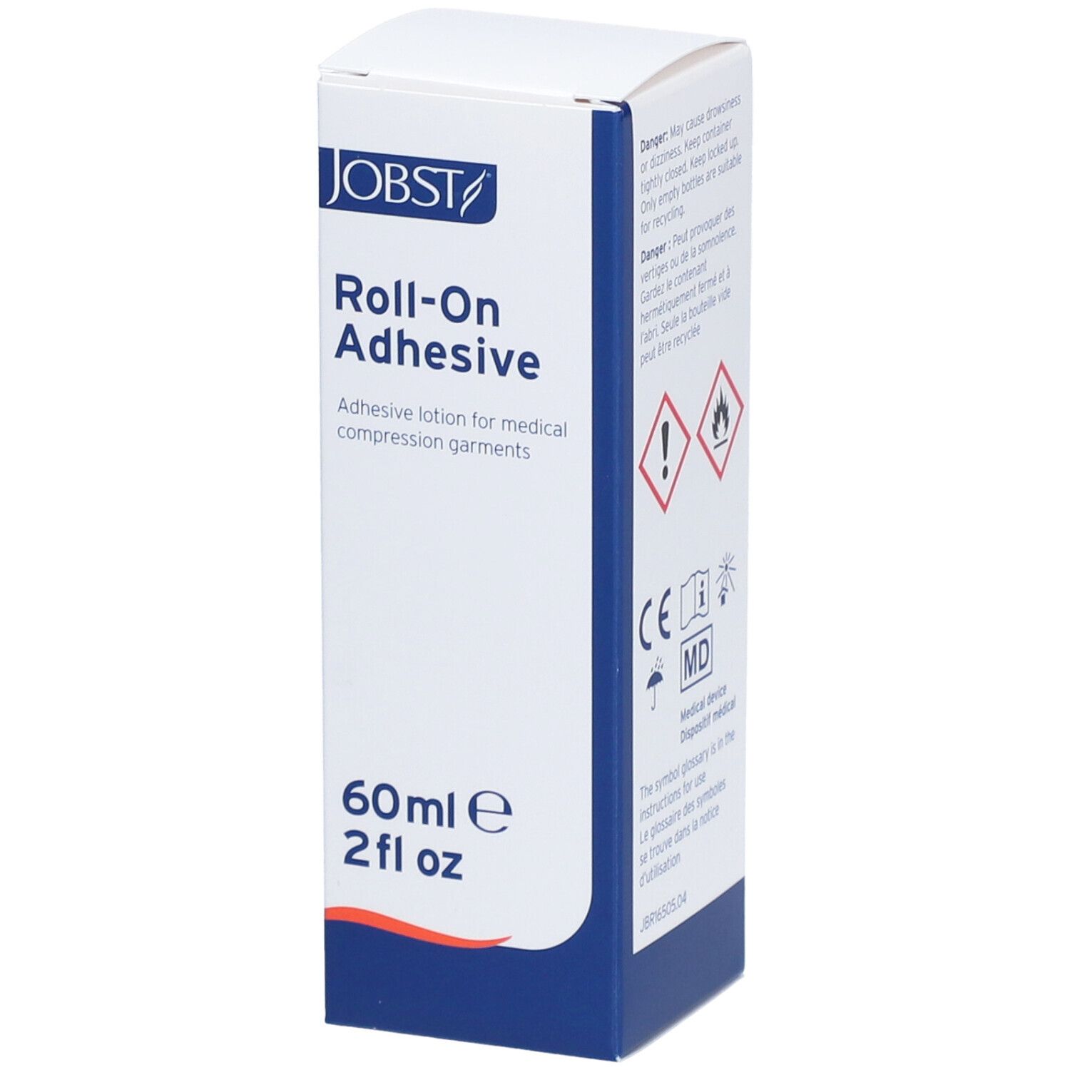 JOBST Roll-On Adhesive. Kleeflotion voor compressiekousen. Fles van 60 ml. Markeringen: CE, MD.