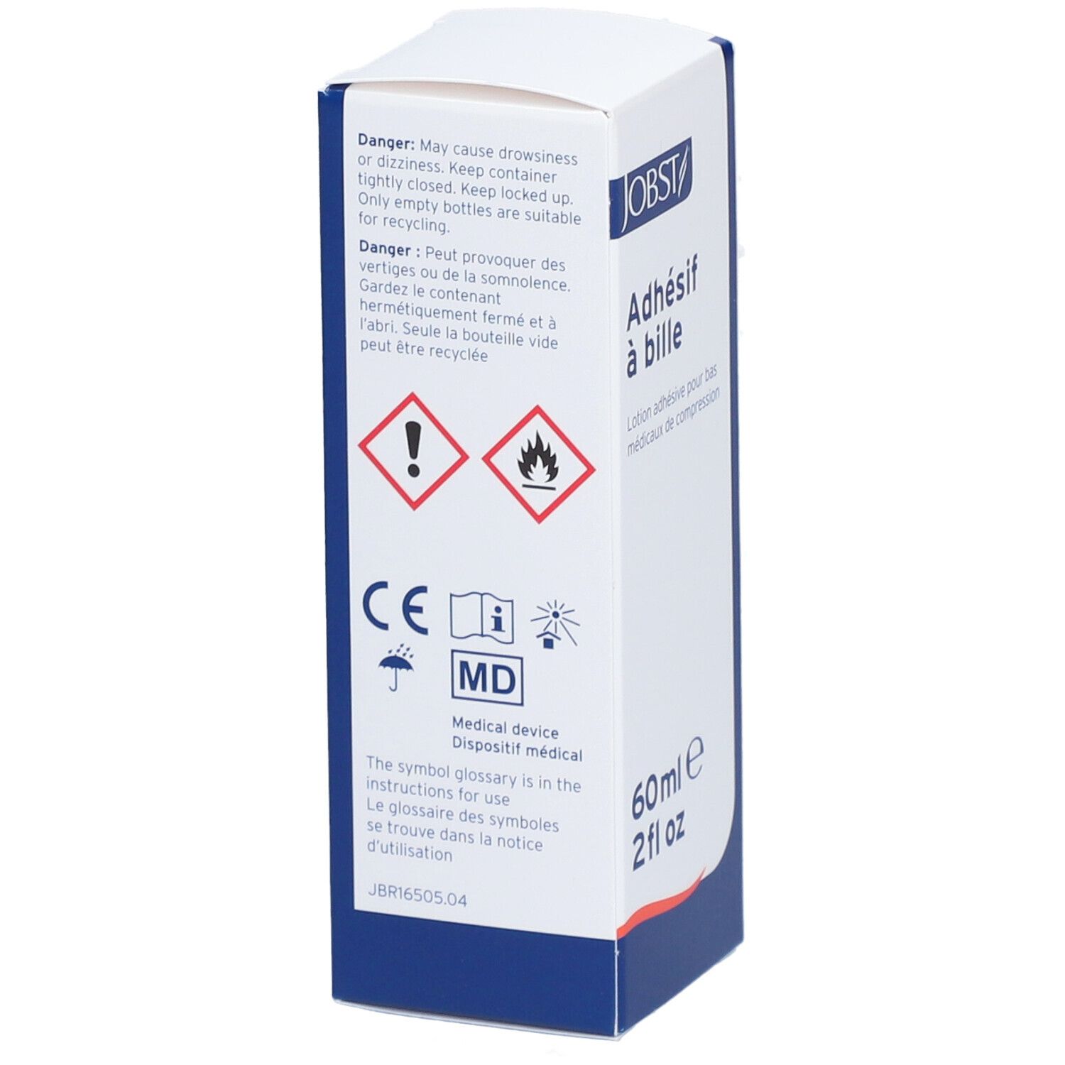 JOBST Roll-On Adhesive. Kleeflotion voor compressiekousen. Fles van 60 ml. Waarschuwingen en symbolen.