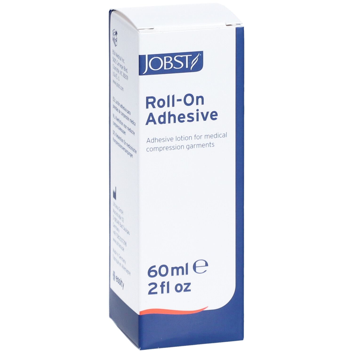 JOBST Roll-On Adhesive. Kleeflotion voor compressiekousen. Fles van 60 ml. Markeringen: CE, MD.