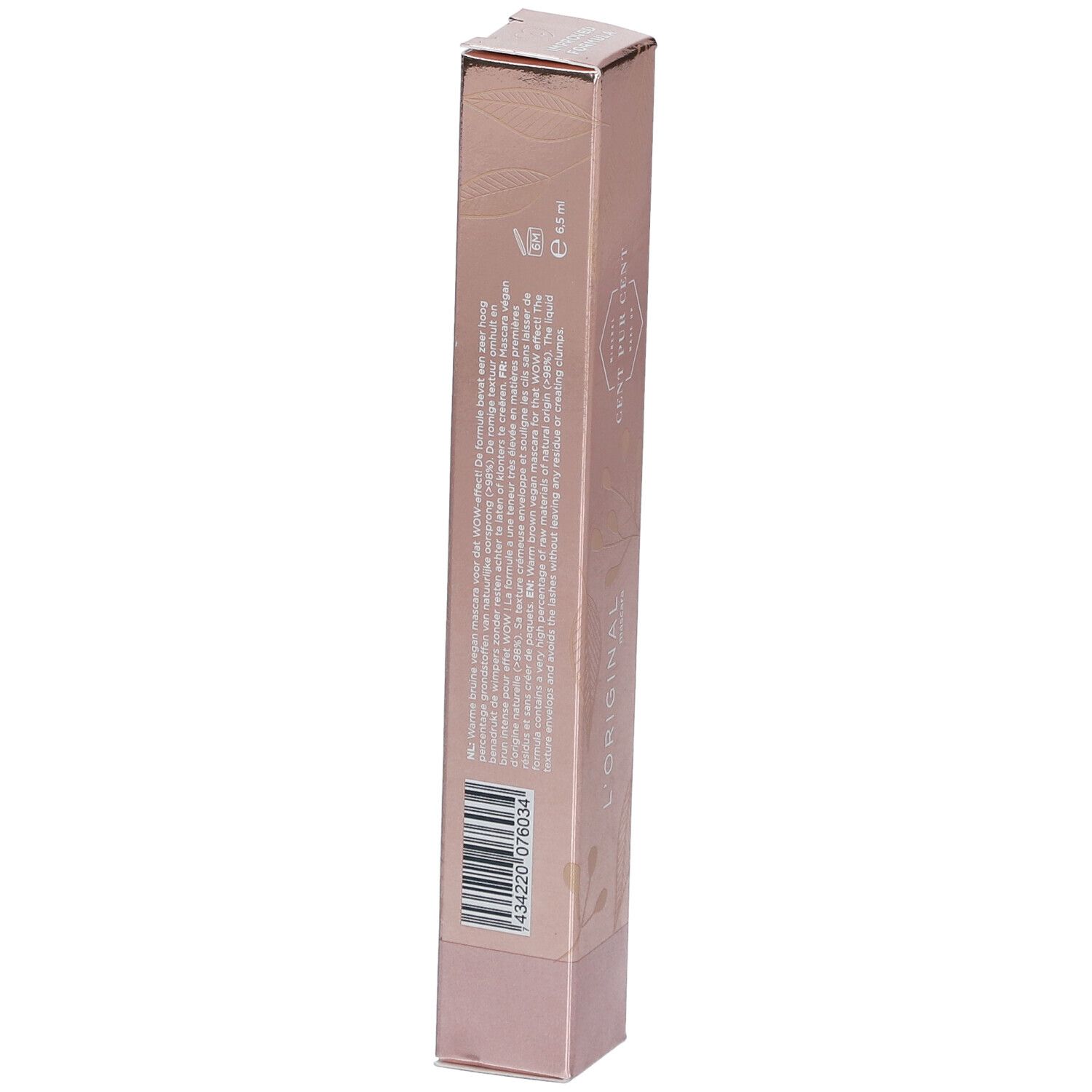 Roze verpakking. CENT PUR CENT, L'ORIGINAL, Mascara. Tekst op de zijkant. Gouden tekst.