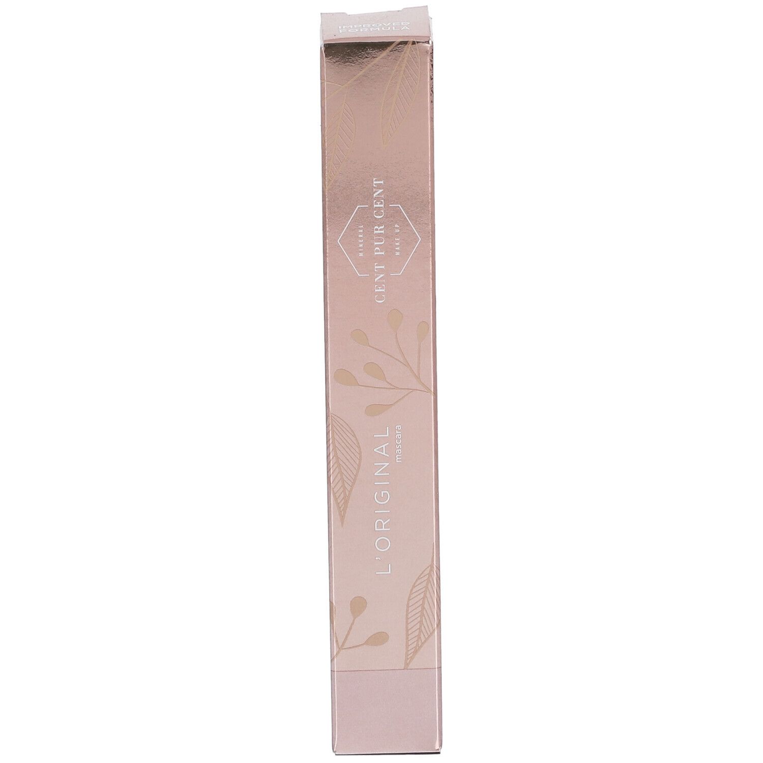 Roze verpakking. CENT PUR CENT, L'ORIGINAL, Mascara. Bloemenpatroon. Gouden tekst.