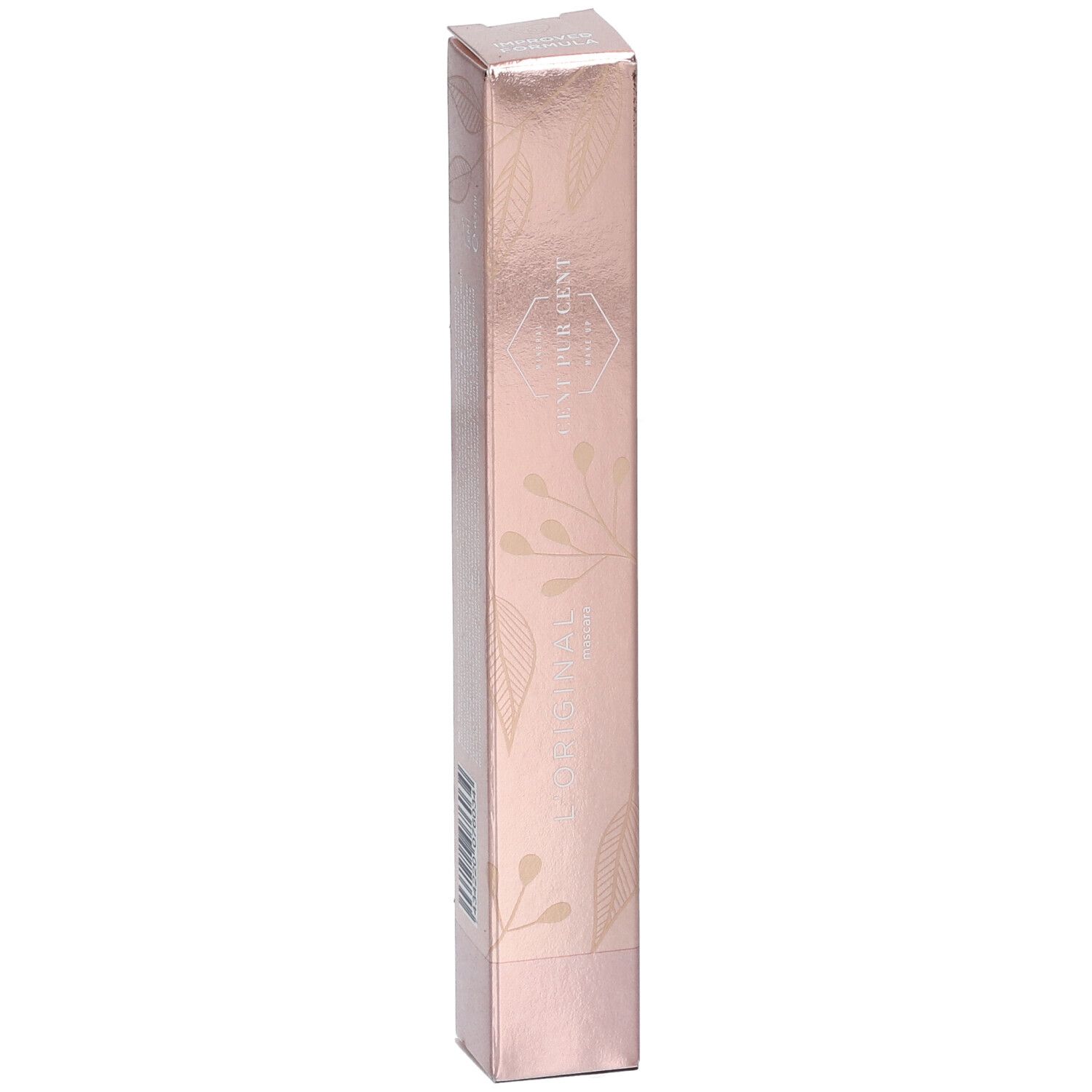 Roze verpakking. CENT PUR CENT, L'ORIGINAL, Mascara. Bloemenpatroon. Gouden tekst.