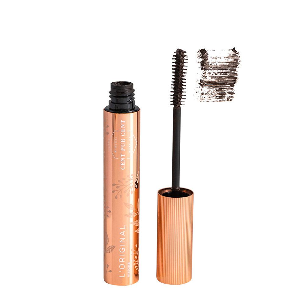 Open mascara. Borstel en product zichtbaar. CENT PUR CENT, L'ORIGINAL. Bruin.