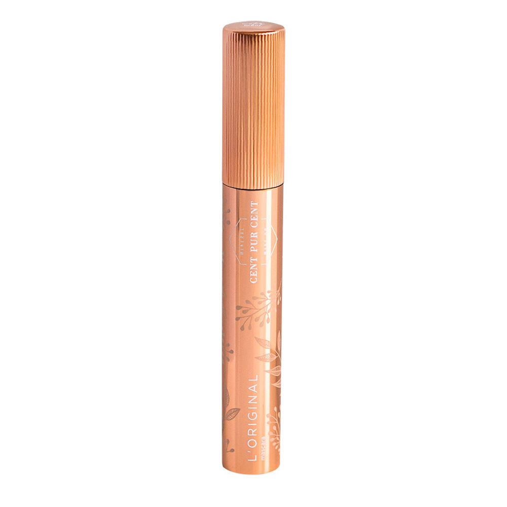 Tube de mascara doré avec capuchon cannelé. Texte : CENT PUR CENT, L'ORIGINAL.