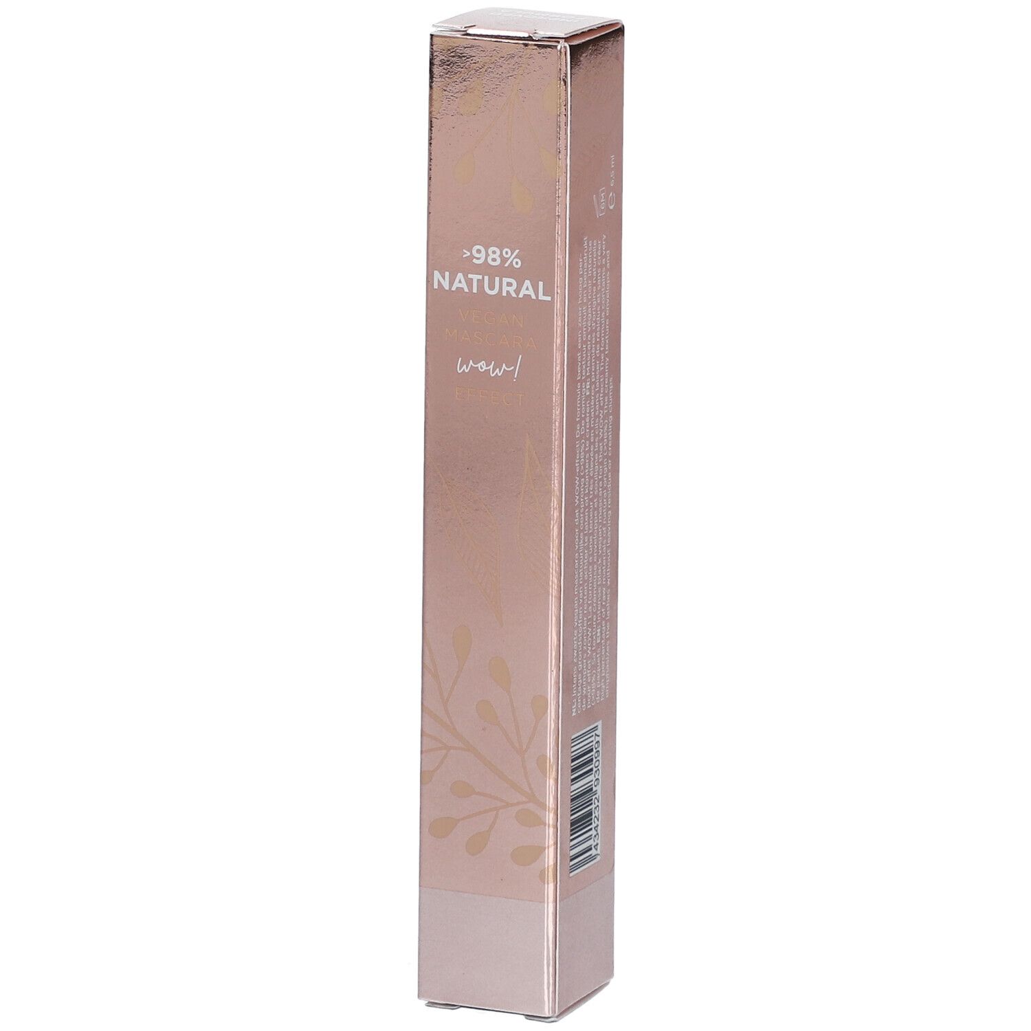 Boîte de mascara rose avec impression dorée. Texte : -98% NATURAL, L'ORIGINAL.