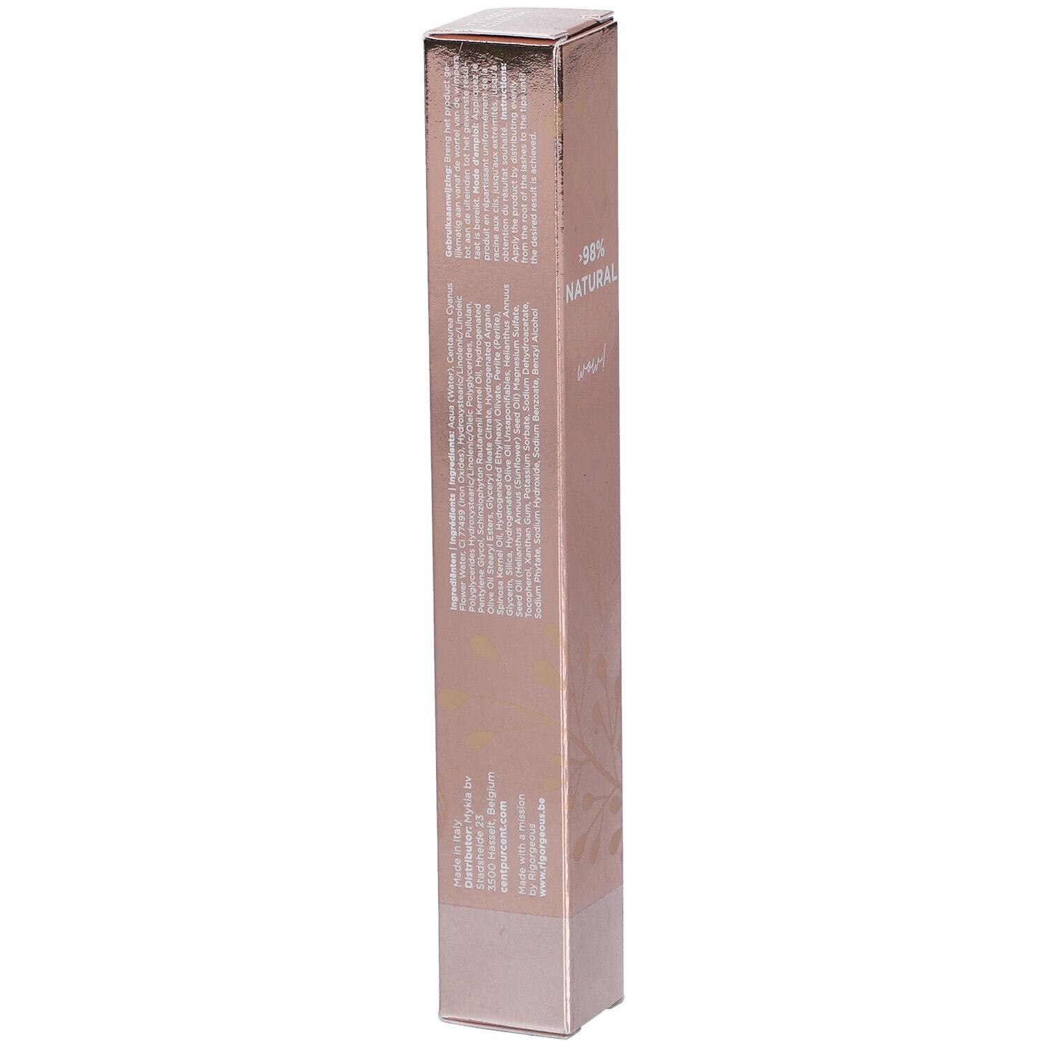 Boîte de mascara rose avec impression dorée. Texte sur le côté.