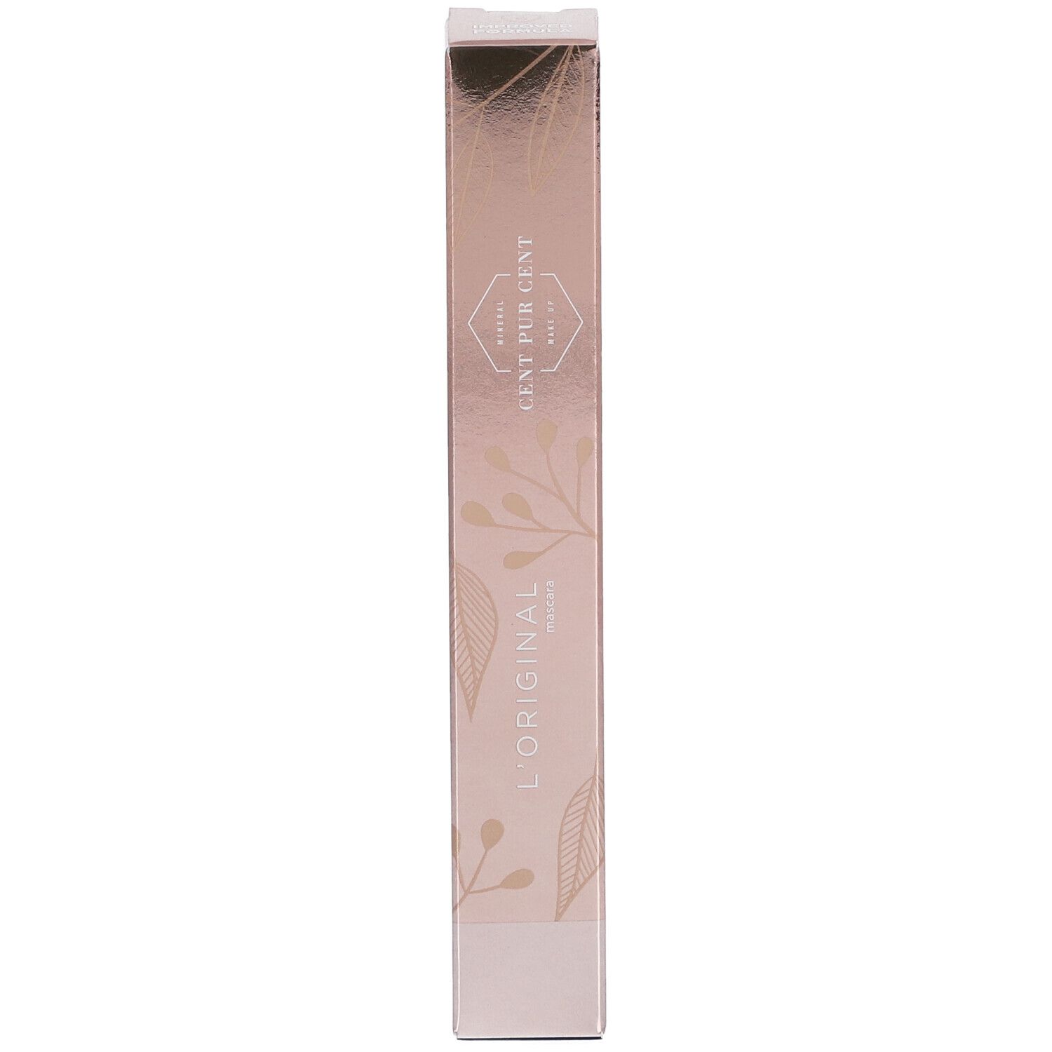 Boîte de mascara rose avec impression dorée. Texte : CENT PUR CENT, L'ORIGINAL, Mascara Noir.