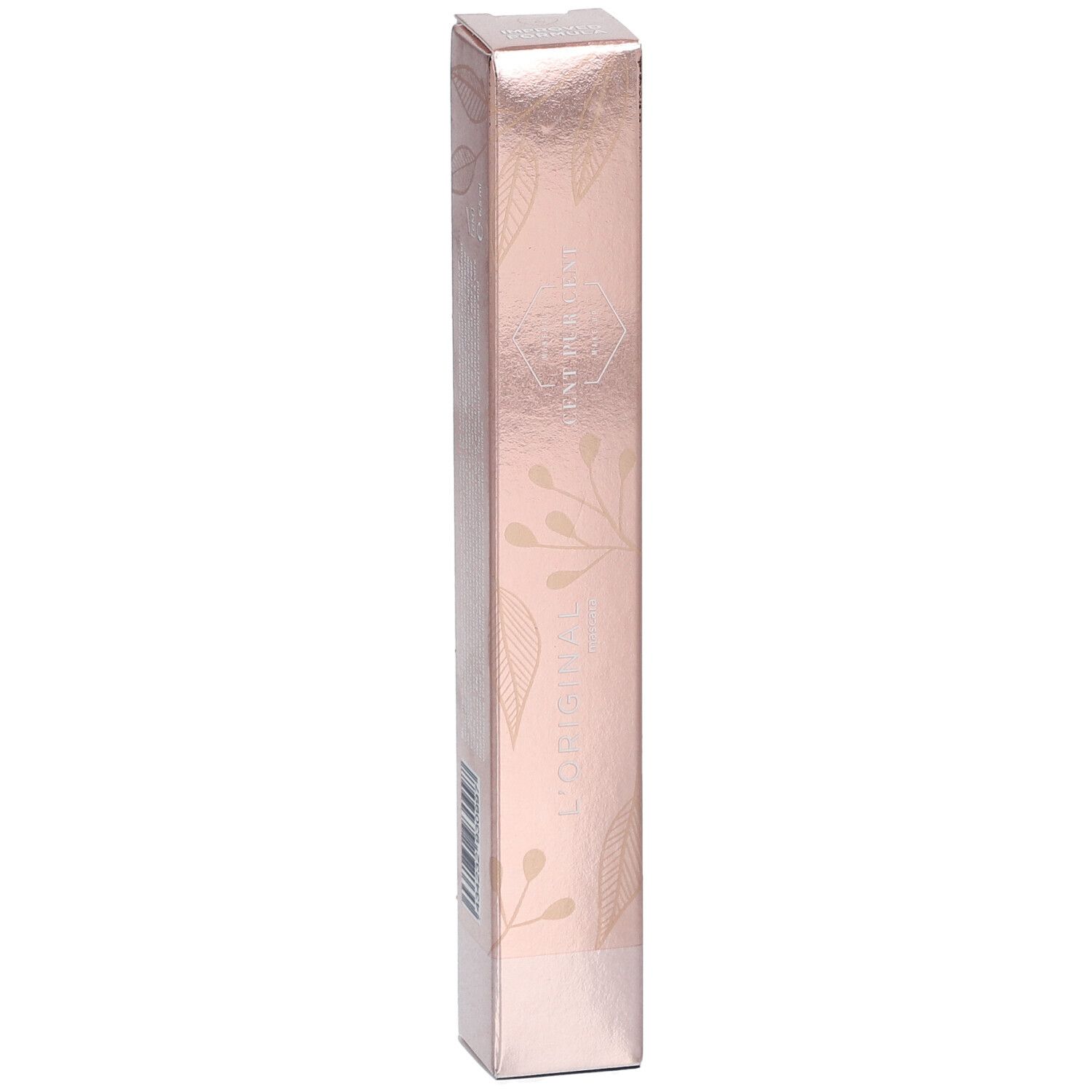 Boîte de mascara rose avec impression dorée. Texte : L'ORIGINAL.