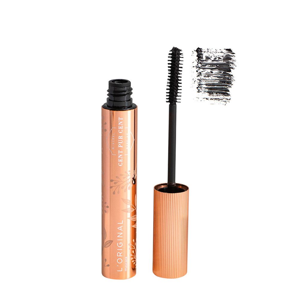 Tube de mascara doré avec brosse et échantillon de mascara noir.