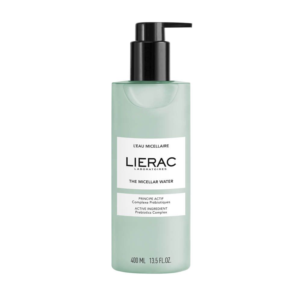 Flacon de L'Eau Micellaire Lierac, liquide bleuâtre, bouchon noir. Inscription: Lierac, L'Eau Micellaire, 400 ml.