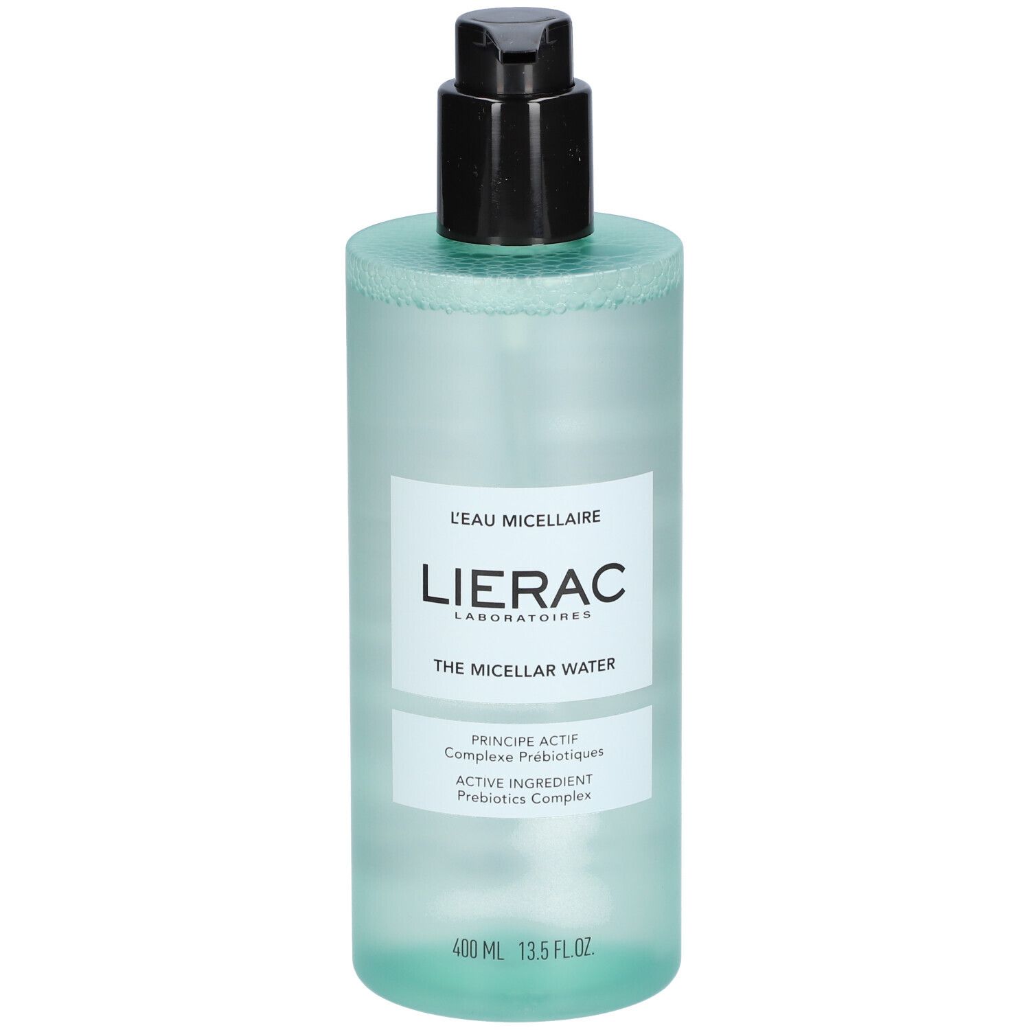 Flacon de L'Eau Micellaire Lierac, liquide bleuâtre, bouchon noir. Inscription: Lierac, L'Eau Micellaire, 400 ml.