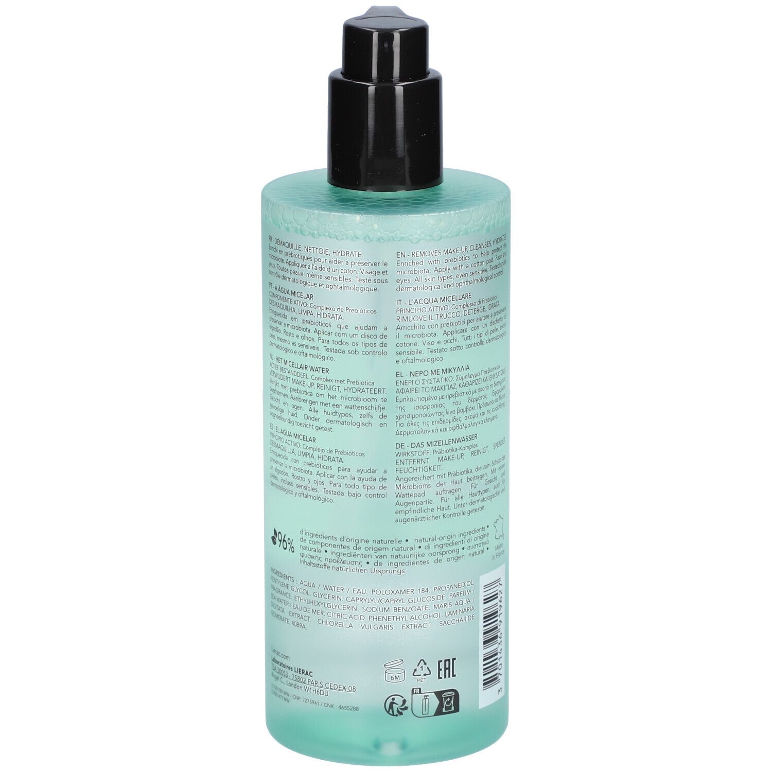 Dos du flacon de liquide bleuâtre. Bouchon pompe noir. Texte sur l'étiquette.