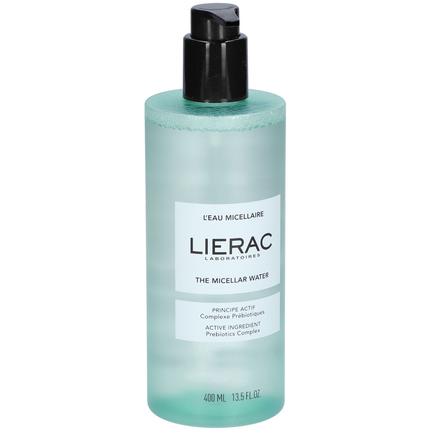 Flacon de L'Eau Micellaire Lierac, liquide bleuâtre, bouchon noir. Inscription: Lierac, L'Eau Micellaire, 400 ml.
