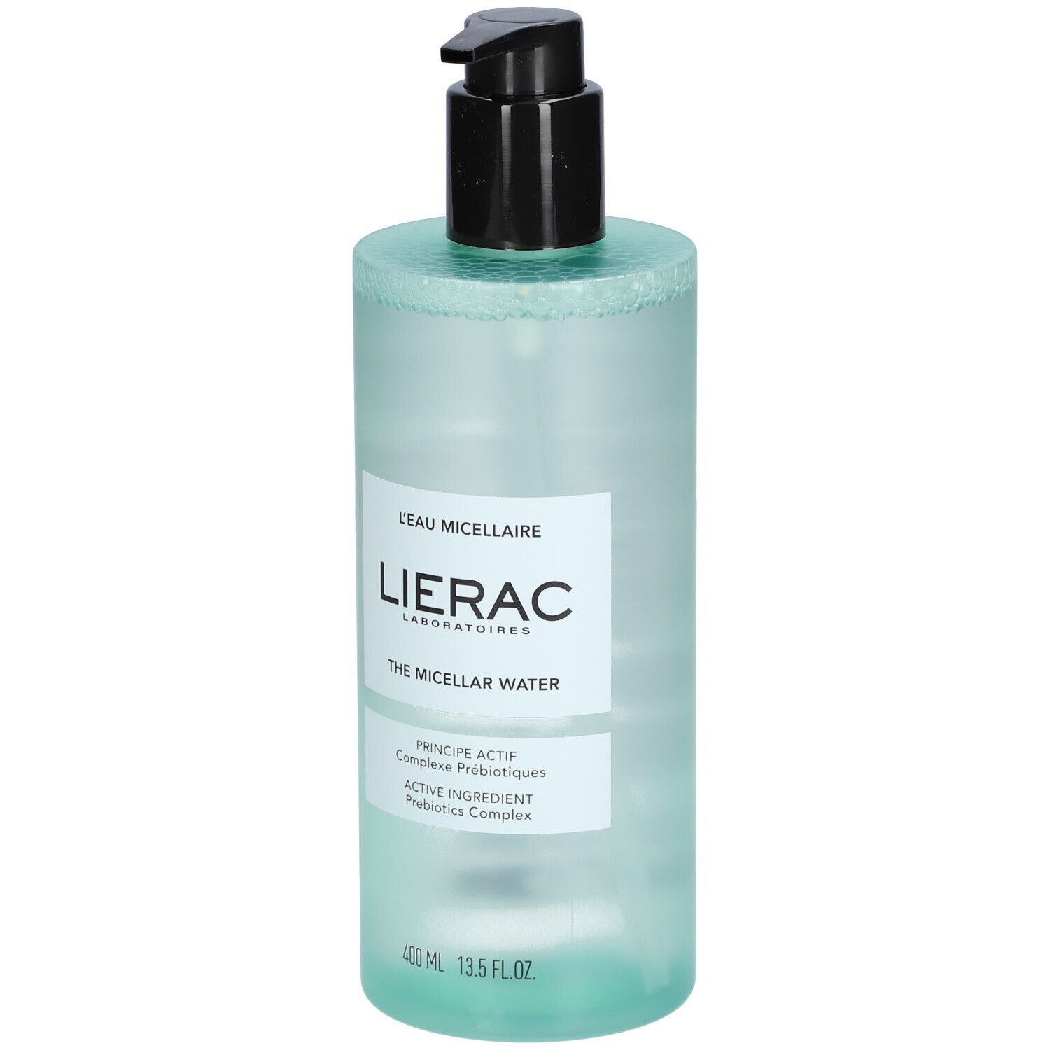 Flacon de L'Eau Micellaire Lierac, liquide bleuâtre, bouchon noir. Inscription: Lierac, L'Eau Micellaire, 400 ml.