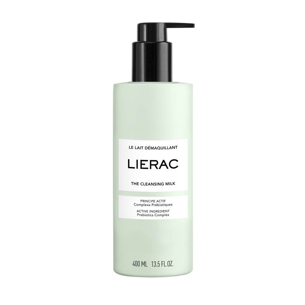 Lichtgroene fles met zwarte pomp. Opschrift: LIERAC, Le Lait Démaquillant, The Cleansing Milk. 400 ml.
