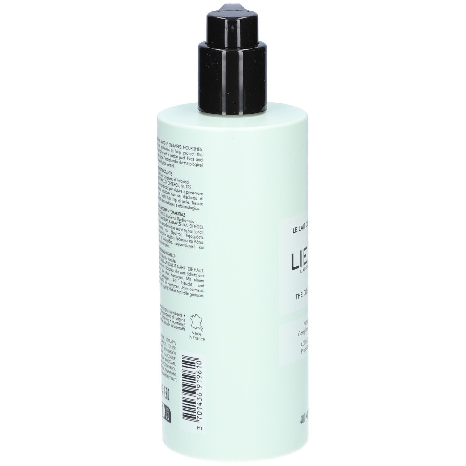Achterkant van een lichtgroene fles met zwarte pomp. Meertalige tekst. Opschrift: LIERAC. Gemaakt in Frankrijk.