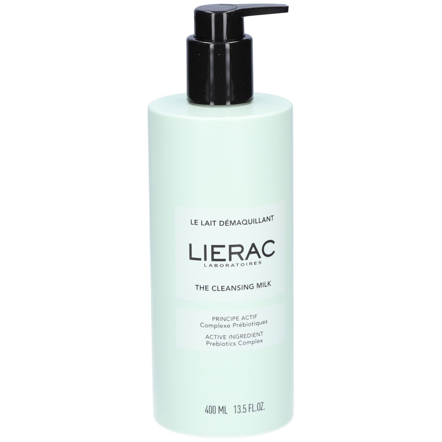 Lichtgroene fles met zwarte pomp. Opschrift: LIERAC, Le Lait Démaquillant, The Cleansing Milk. 400 ml.