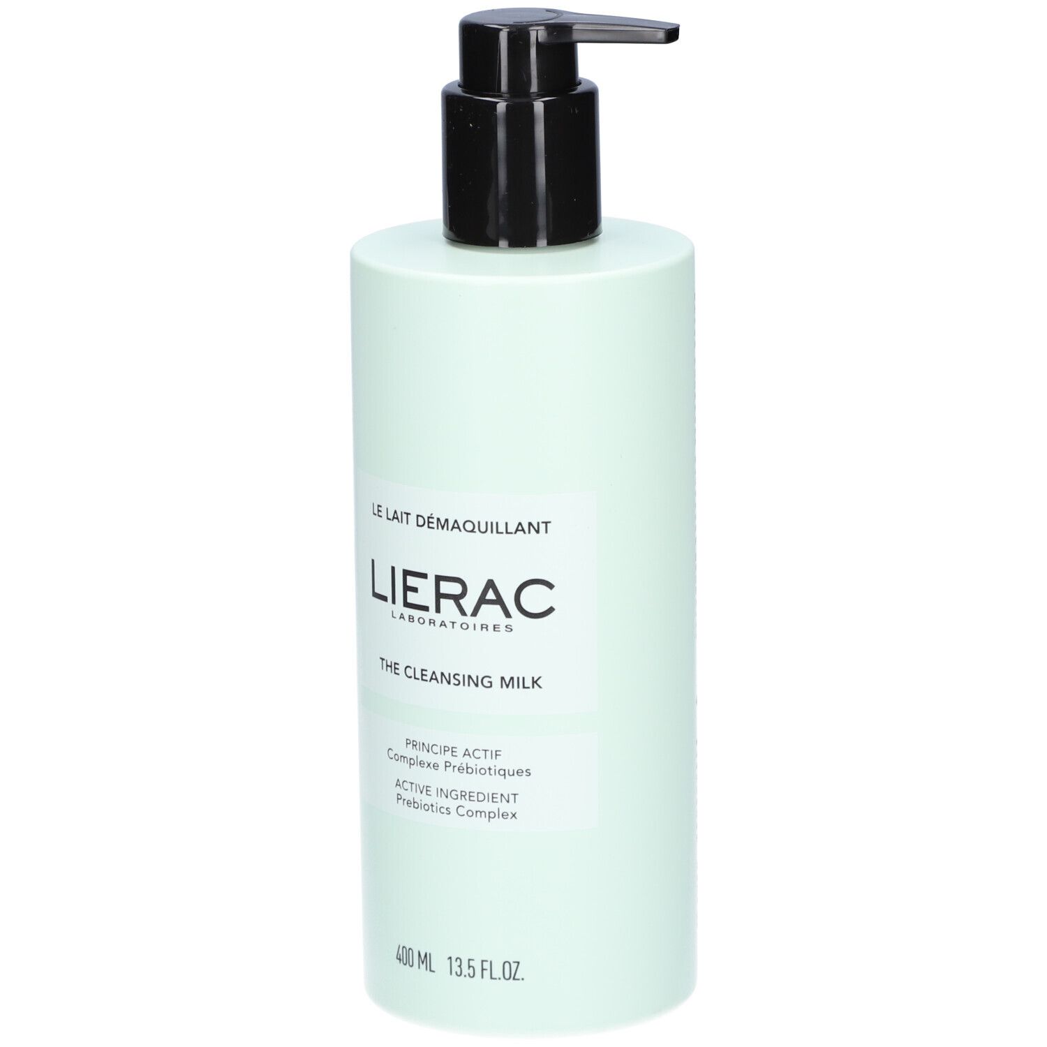 Lichtgroene fles met zwarte pomp. Opschrift: LIERAC, Le Lait Démaquillant, The Cleansing Milk. 400 ml.