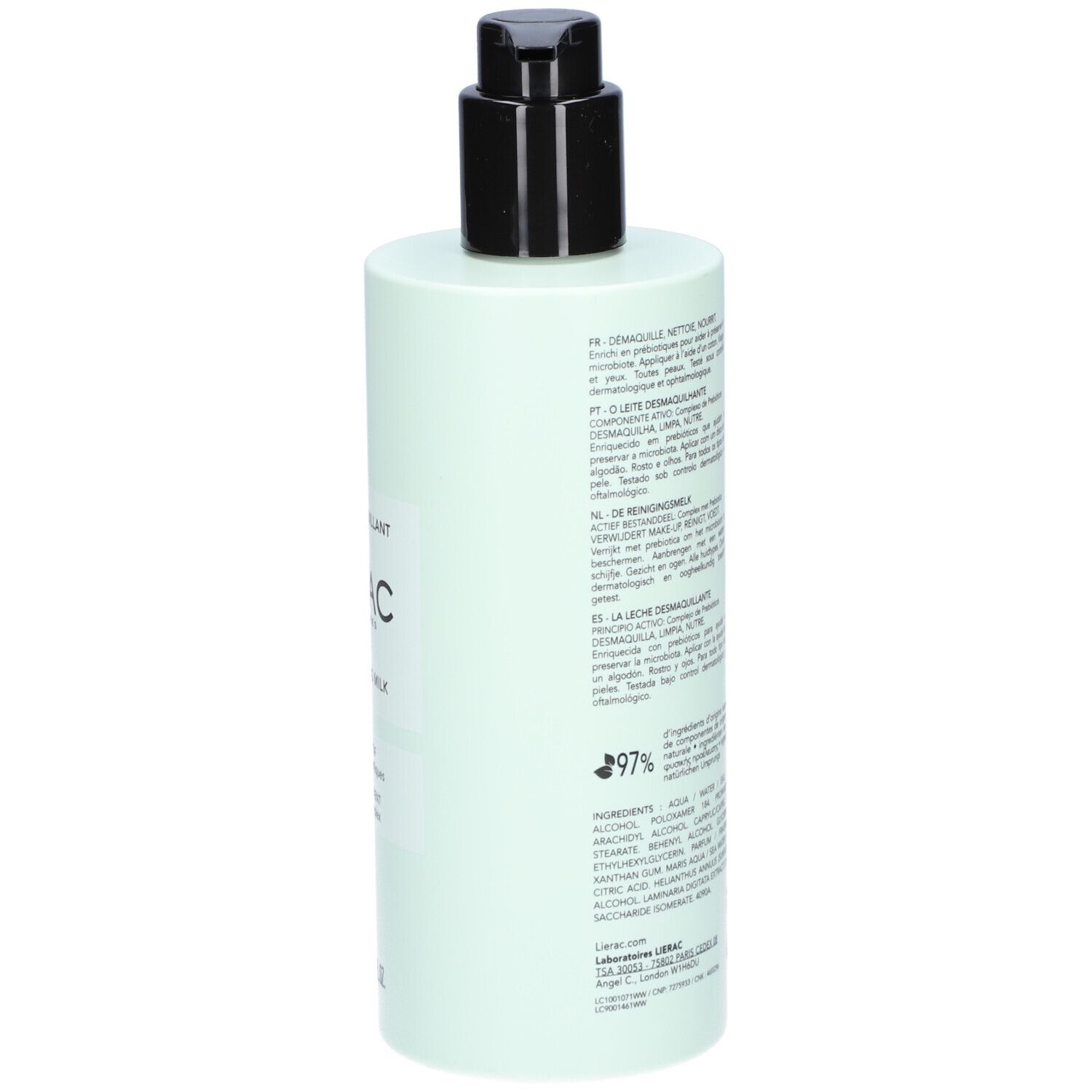 Achterkant van een lichtgroene fles met zwarte pomp. Meertalige tekst. Opschrift: LIERAC. 97% natuurlijke ingrediënten.
