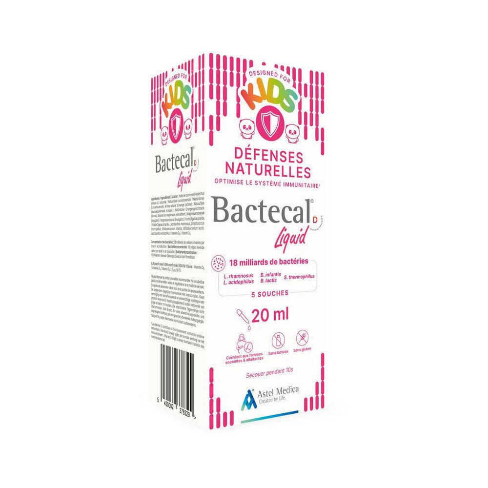 Emballage Bactecal Liquid. Flacon de 20 ml. Défenses naturelles. 18 milliards de bactéries. 5 souches. Pour enfants.