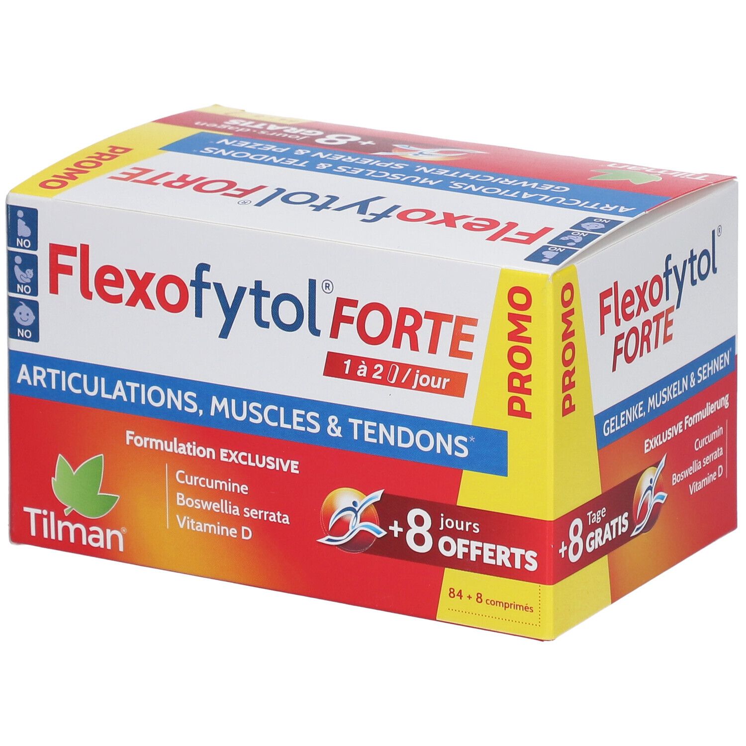 Boîte Flexofytol Forte. Contient 84+8 comprimés. Contient curcumine, Boswellia serrata et vitamine D. Mention promo.