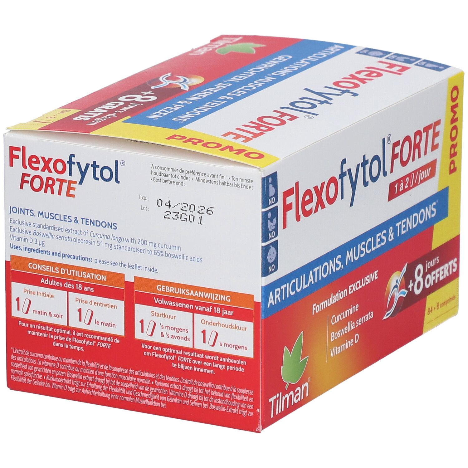 Boîte Flexofytol Forte. Contient 84+8 comprimés. Contient curcumine, Boswellia serrata et vitamine D. Instructions d'utilisation.