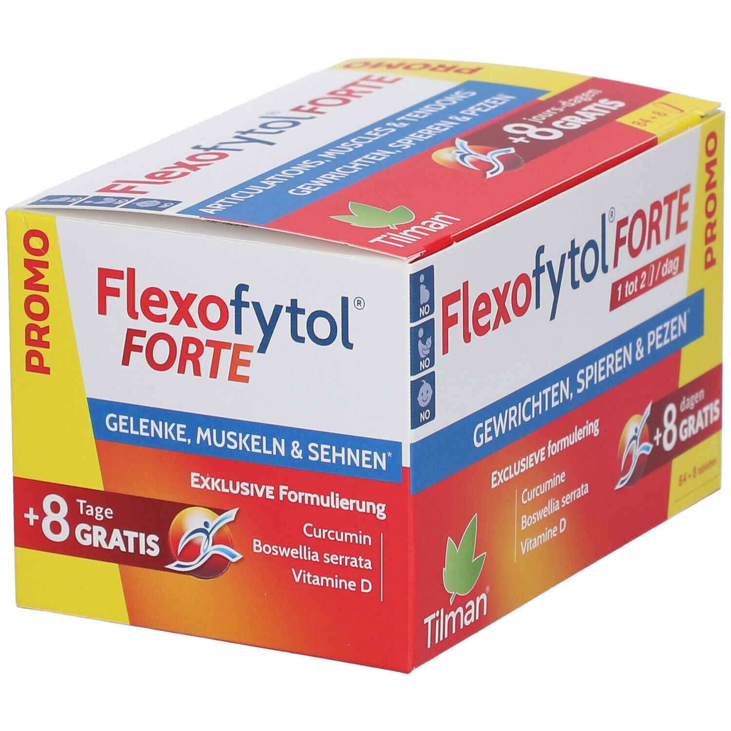Boîte Flexofytol Forte. Contient 84+8 comprimés. Contient curcumine, Boswellia serrata et vitamine D. Mention +8 gratuits.