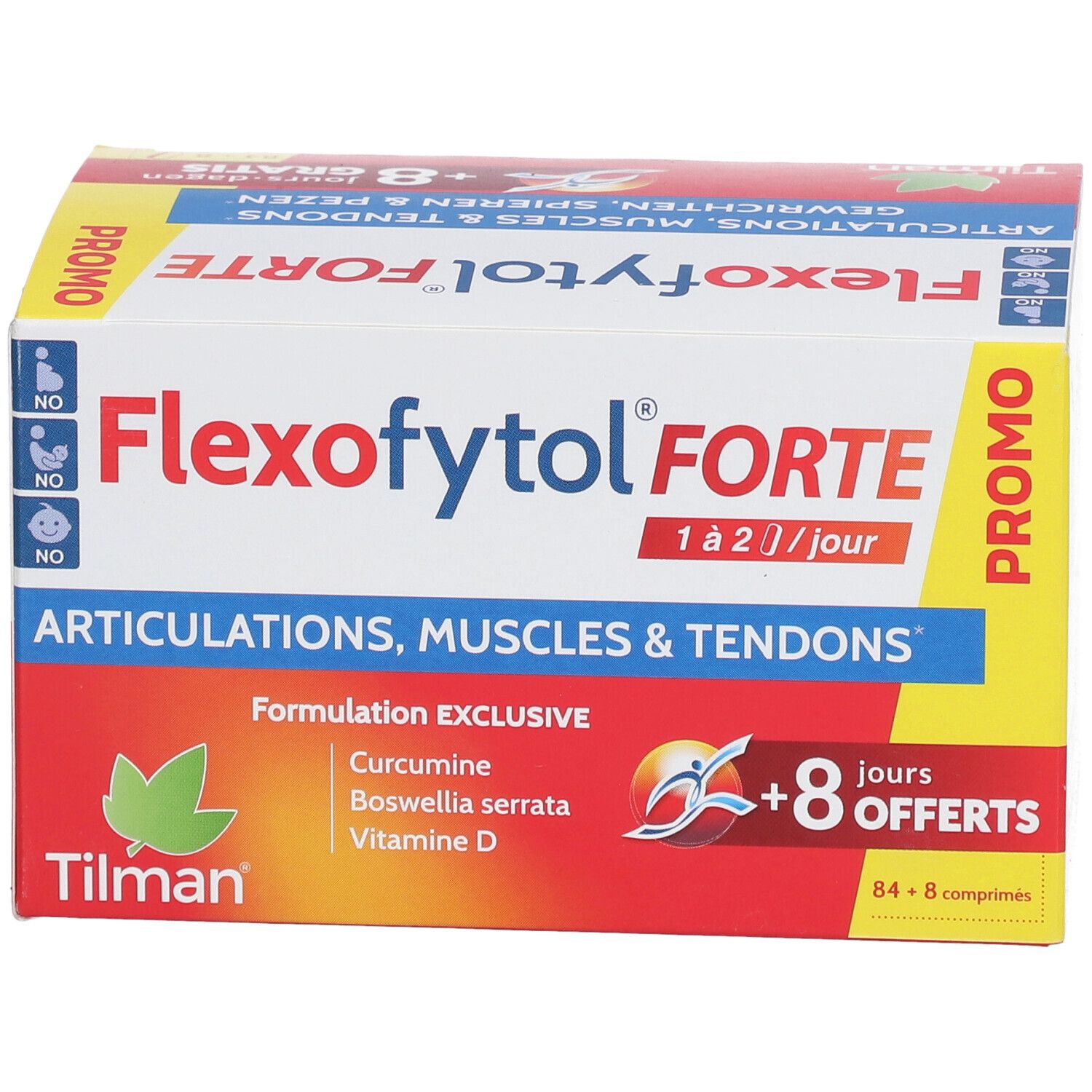 Boîte Flexofytol Forte. Contient 84+8 comprimés. Contient curcumine, Boswellia serrata et vitamine D. Mention promo.